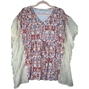 The Muses Lounge Women Small Red Blue Damask Lace Butterfly Sleeve Kaftan Top